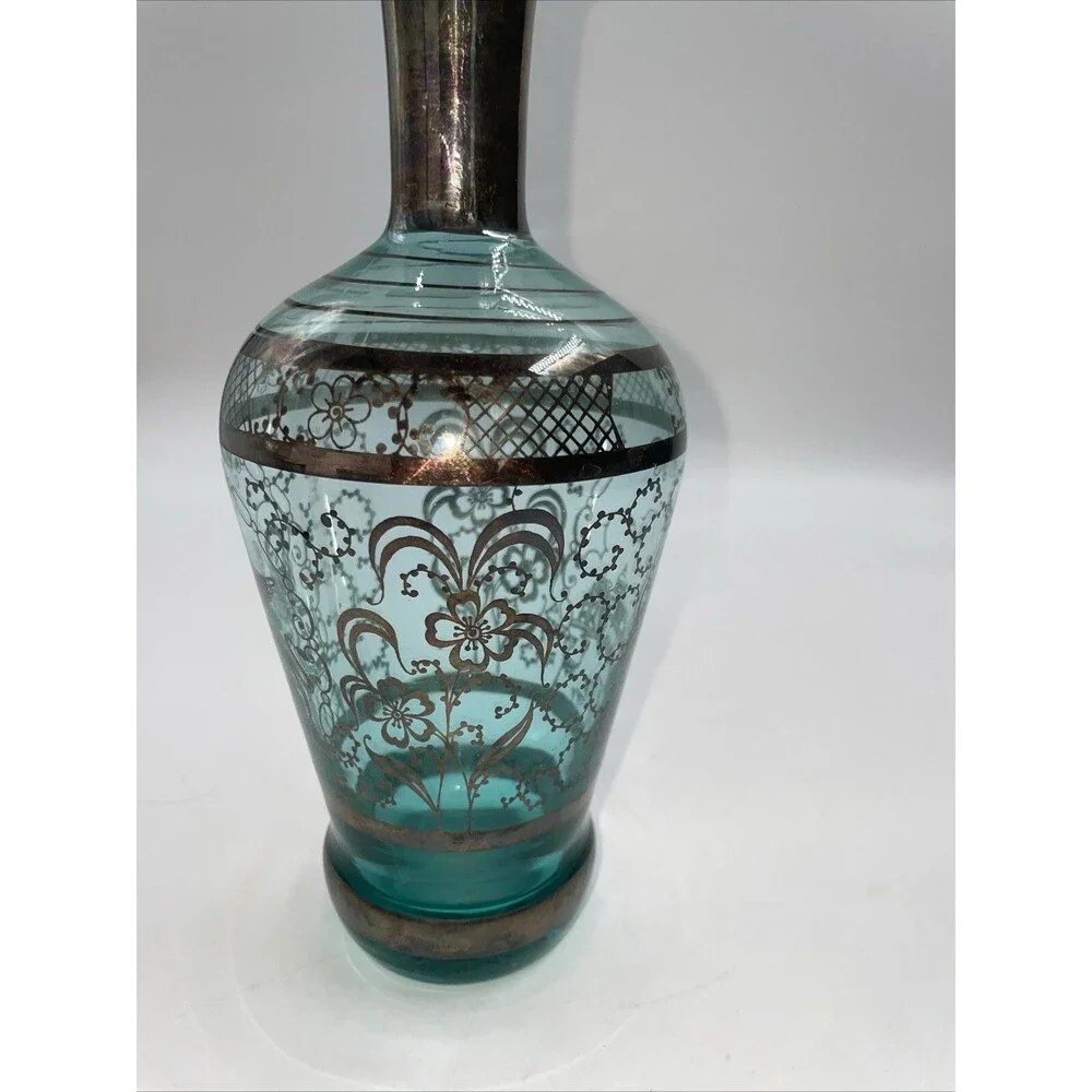 VINTAGE Art Deco Venetian Hand Blown Silver Overlay Glass Decanter 3 Cordials